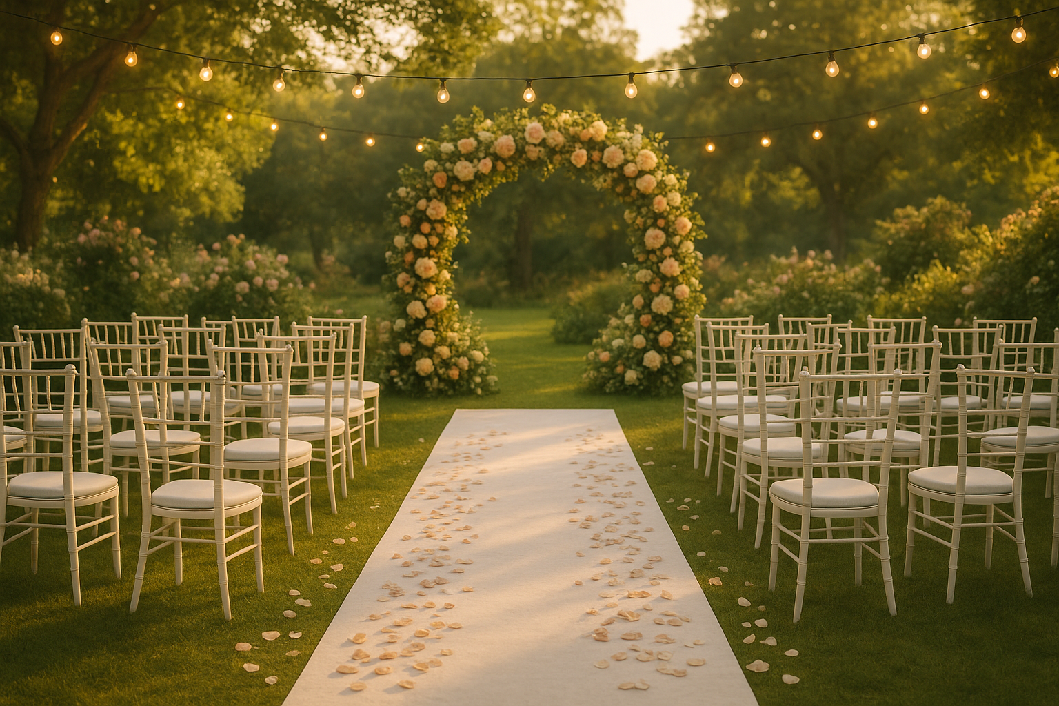 Wedding scene with outdoor ceremony setup featuring white chairs, floral arch, and romantic garden setting